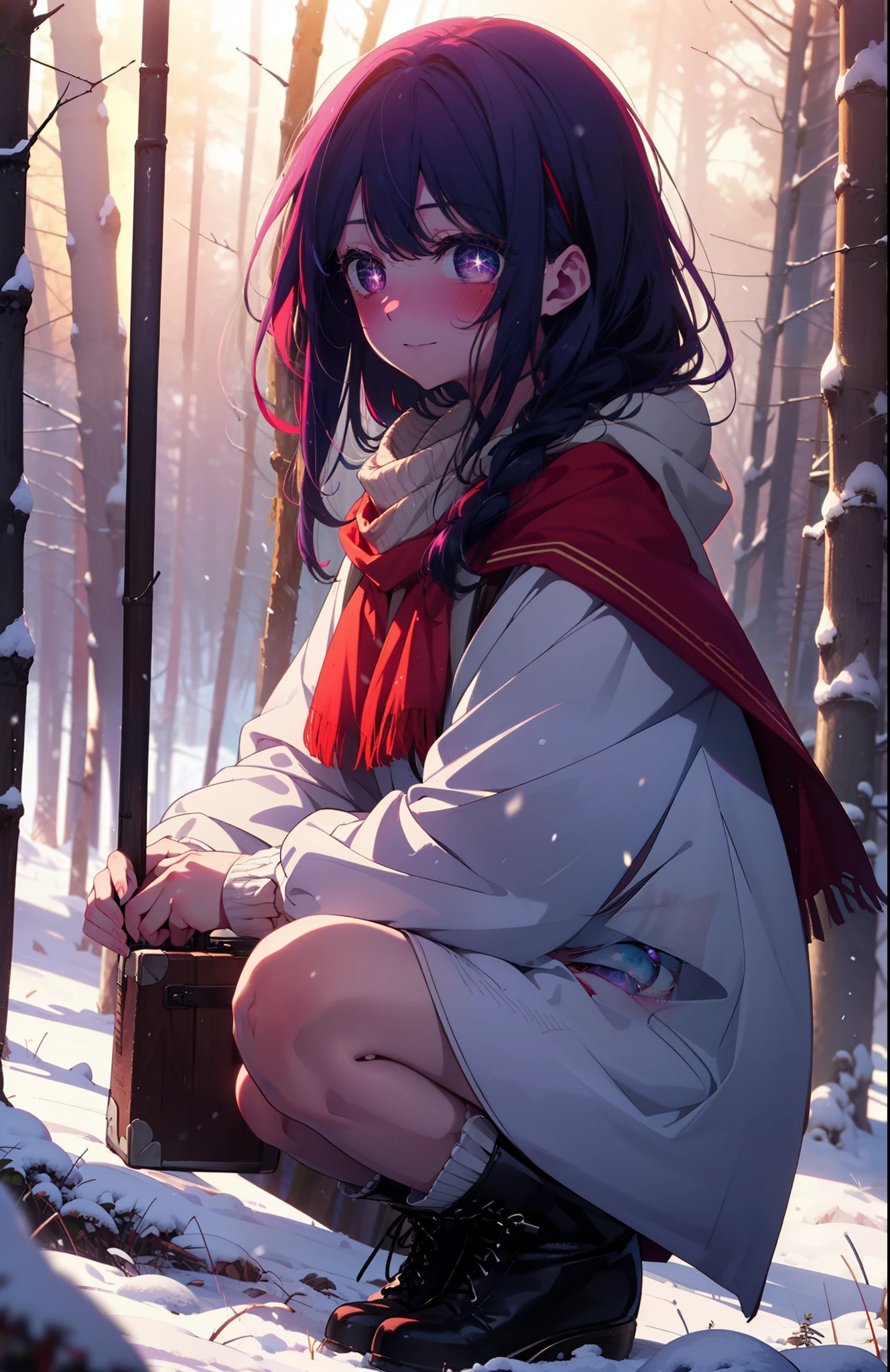 aihoshino, Ai Hoshino, Long Hair, bangs, (Purple eyes:1.1), Purple Hair, (Symbol-shaped pupil:1.5), smile,,smile,blush,white breath,
Open your mouth,snow,Ground bonfire, Outdoor, boots, snowing, From the side, wood, suitcase, Cape, Blurred, , forest, White handbag, nature, Squat, Mouth closed, Cape, winter, Written boundary depth, Black shoes, red Cape break looking at viewer, Upper Body, whole body, break Outdoor, forest, nature, break (masterpiece:1.2), Highest quality, High resolution, unity 8k wallpaper, (shape:0.8), (Beautiful and beautiful eyes:1.6), Highly detailed face, Perfect lighting, Highly detailed CG, (Perfect hands, Perfect Anatomy),
