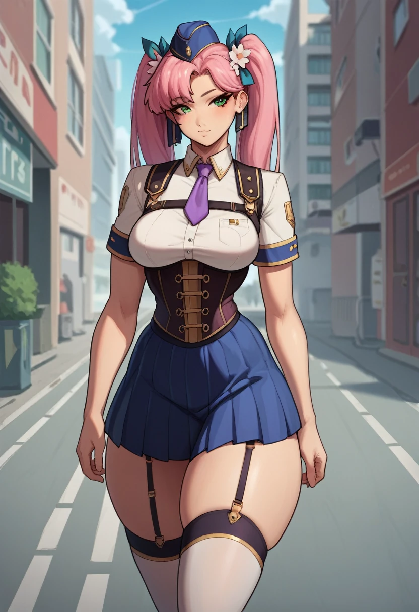 (masterpiece), best quality, (highly detailed), score_9, score_8_up, score_7_up, score_6_up, score_5_up, 1female, toroboro, wide hips, huge hips, city, qrnkk, green eyes, pink hair, twintails, long hair, garrison cap, hair flower, hair ribbon, purple necktie, white shirt, harness, short sleeves, corset, pleated skirt, garter straps, white thighhighs, thighs, walking, fat thighs,