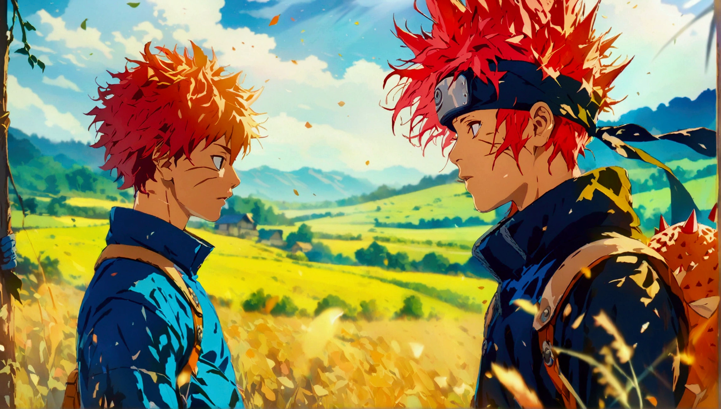 Boy, red spiky hair, high collar clothing, countryside scenery,"Anime character design inspired by Naruto, full of dramatic and impressive lighting, character focus, character centered, impressive face, full of creative details, ultra-fine 2D design, scenery bathed in creativity, boasting 2D anime resolution clarity, HD anime graphics, high-octane rendering"