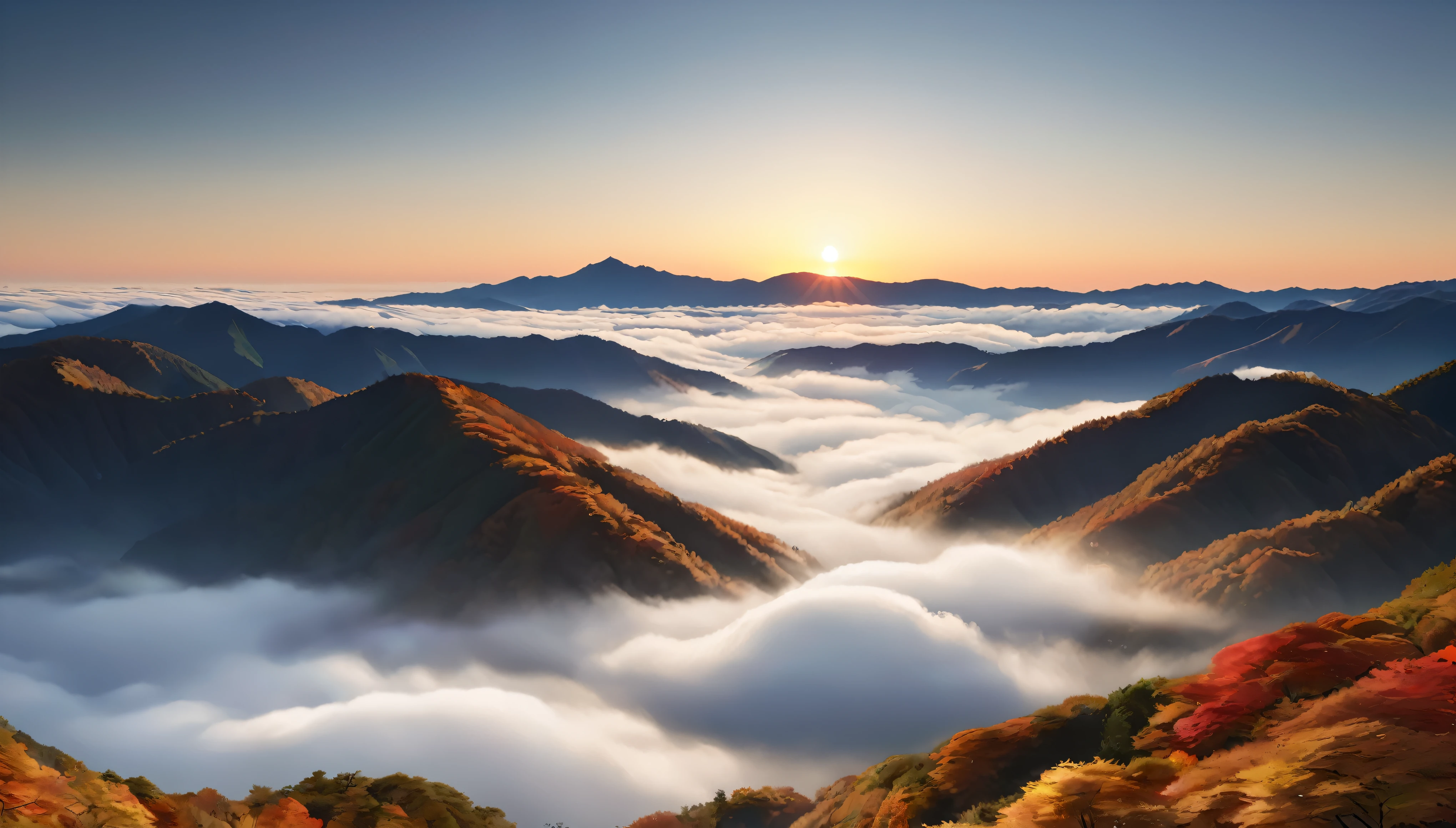 Japanese countryside, Valley, autumn, sunny, sea of clouds,morning, (Highest quality,4K,8k,High resolution,masterpiece:1.2),Very detailed,(Realistic,photoRealistic,photo-Realistic:1.37),High resolution,超High resolution,Studio Lighting,Vibrant colors,Professional