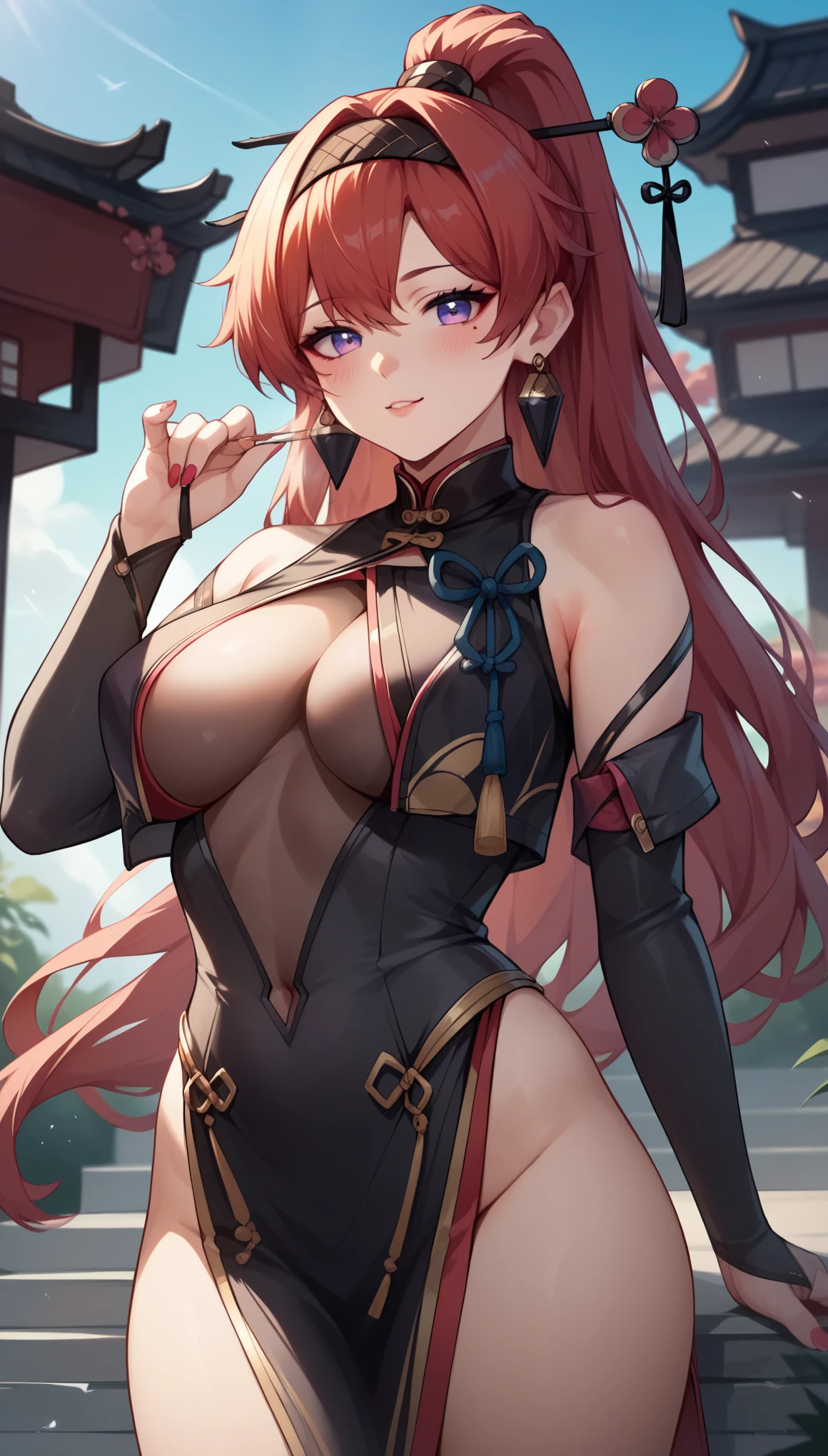 score_9, score_8_up, score_7_up,
source_anime, y1nl1n, official_costume,hot women ,cute,
east asian architecture background,
hoops earrings ,big breasts