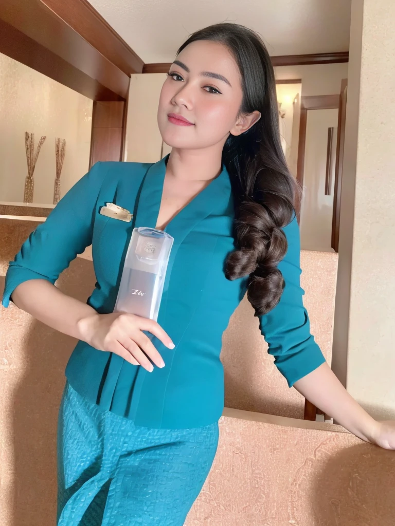 1girl, solo, at hotel room, beautifully hotel room scenery, cute little smirk, detailed eyes, thick medium breasts, smooth realistic skin, wearing flight attendant uniform, looking at the audience, (Overhead shot:1.3), (zoom out:1.4), (8k, RAW photo, best quality, masterpiece: 1.2), (realistic, realistic: 1.37), ultra-high resolution