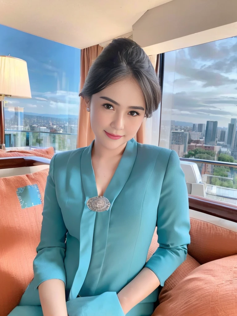 1girl, solo, at hotel room, beautifully hotel room scenery, cute little smirk, detailed eyes, thick medium breasts, smooth realistic skin, wearing flight attendant uniform, looking at the audience, (Overhead shot:1.3), (zoom out:1.4), (8k, RAW photo, best quality, masterpiece: 1.2), (realistic, realistic: 1.37), ultra-high resolution