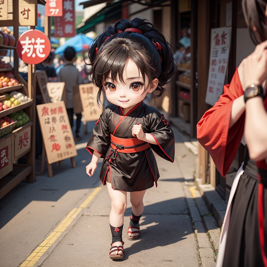 Cute baby chibi anime, red and black hanfu, walking in the market, smiling, many people