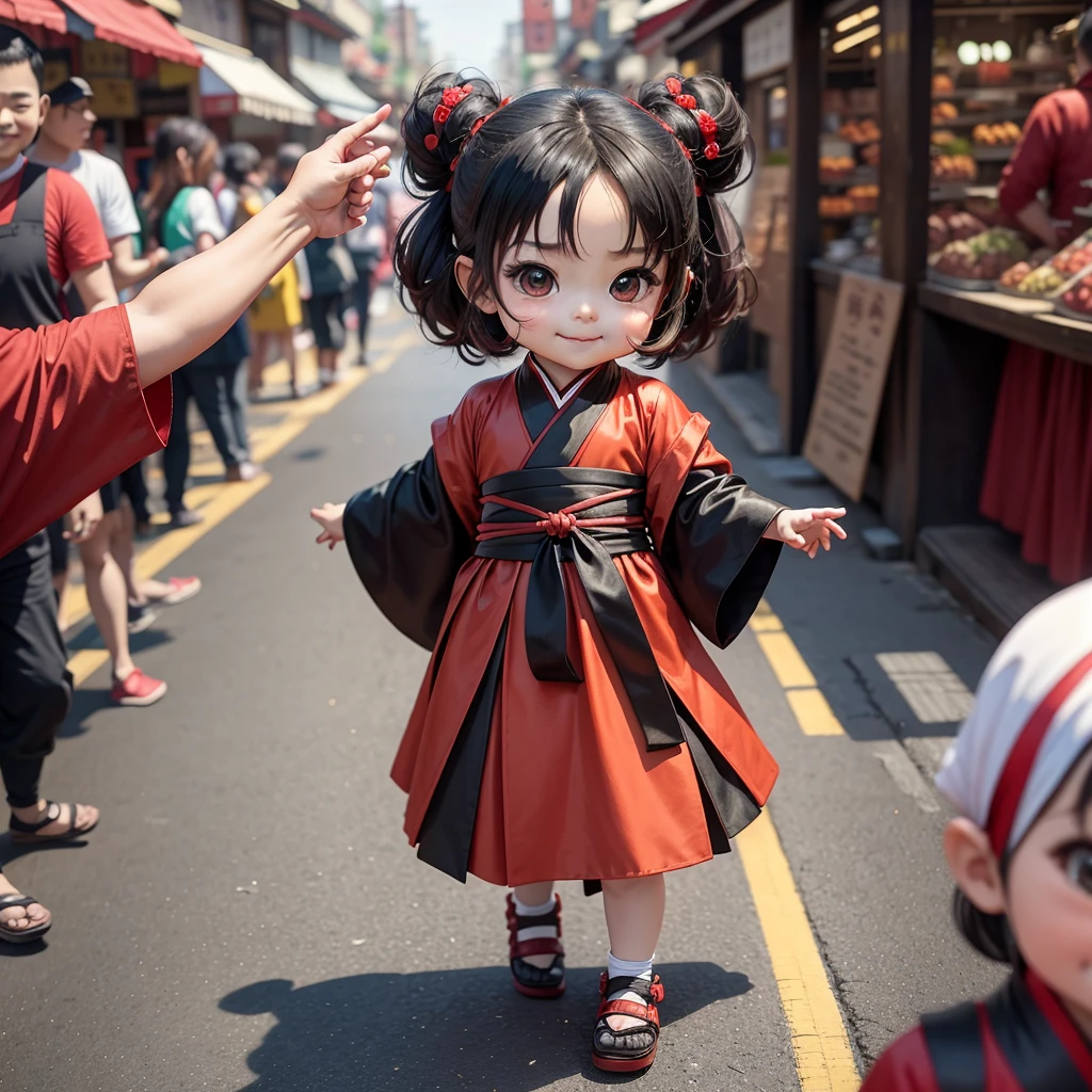 Cute baby chibi anime, red and black hanfu, walking in the market, smiling, many people