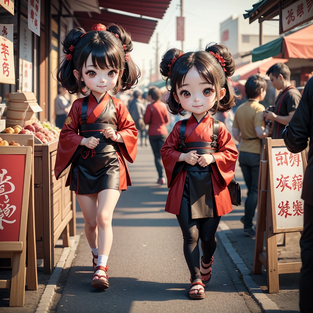 Cute baby chibi anime, red and black hanfu, walking in the market, smiling, many people