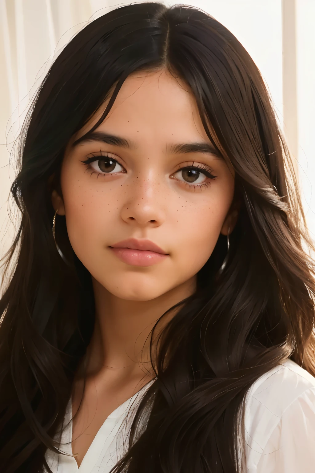 ((best quality)), ((masterpiece)), (detailed), beautiful nine year old latina girl, perfect face, calm expression, soft expression, not fully smiling, (dark brown eyes), (black eyes), photorealistic, detailed long hair, perfect lighting, (young), delicate gentle, feminine, she is beautiful, she is calm, photorealistic image, detailed long hair, perfect lighting, (young), delicate, gentle, feminine, she is beautiful, she is calm, photorealistic image, long black hair, dark brown sheen, clear brown eyes, clear black eyes, light freckles across her cheeks, long wavy hair, long curly hair, realistic, (tanned white skin)