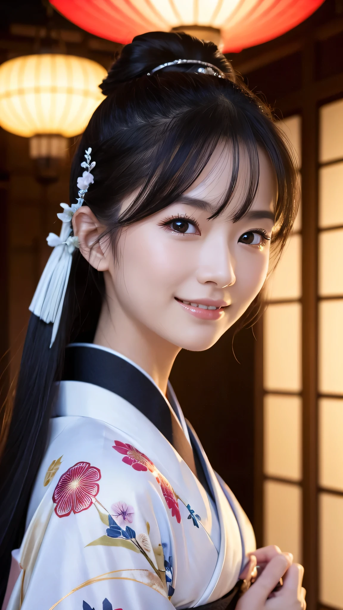(Super beautiful woman in kimono)、((highest quality、8K masterpiece:1.3))、sharp focus:1.2、(super beautiful face:1.0)、(shiny skin:1.0)、realistic pictures、black hair、video lighting、High resolution eyes and face、video lighting、japanese actress、from the front、with a happy smile、whole body、wearing a kimono、in Kyoto、(luxury obi)、with a fan、Fireworks Display