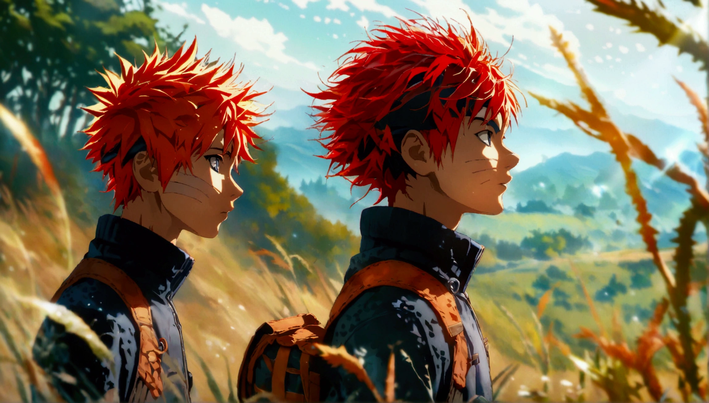 Boy, red spiky hair, high collar clothing, countryside scenery, "Character design inspired by the anime Naruto, full of dramatic and impressive lighting, character focus, character centered, impressive face, full of creative details, ultra-fine 2D design, scenery bathed in creativity, boasting 2D anime resolution clarity, HD anime graphics, high-octane rendering"