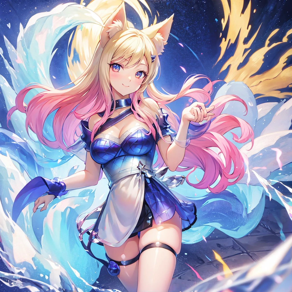 Ahri, 9 massive fluffy white tails, Smile, Detail, Anime Style, 