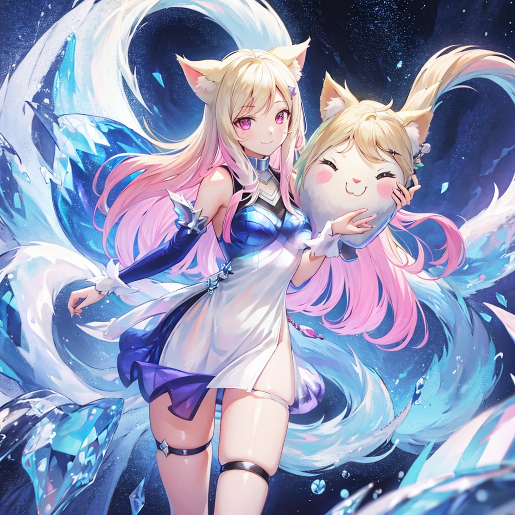 Ahri, 9 massive fluffy white tails, Smile, Detail, Anime Style, 