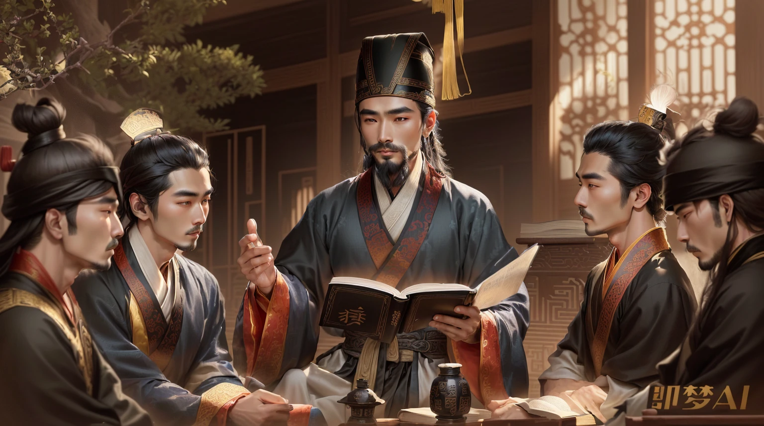 Arav man wearing black hat is reading a book,The others sat around him., Wearing ancient Chinese clothes, Inspired by Wu Daozi, Inspired by Gu An, Hanfu, from Three Kingdoms, Pan Renwei Style, Inspired by Cao Zhibai, Three Kingdoms, Inspired by Emperor Xuande, Portraits, Long flowing hair and robes