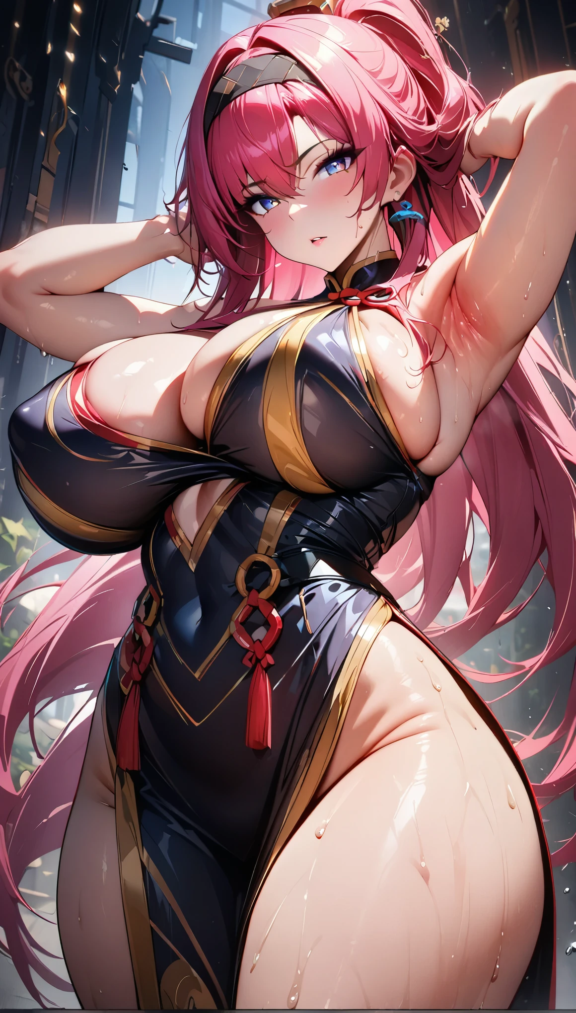 1girl,super huge breasts, pink hair, golden eyes,staring coldly,long hair, body curves, (best quality,4k,highres,masterpiece:1.2),ultra-detailed, dramatic lighting,vibrant colors,cinematic, yinlin outfit, sweaty armpits, bright skin, bright pink hair