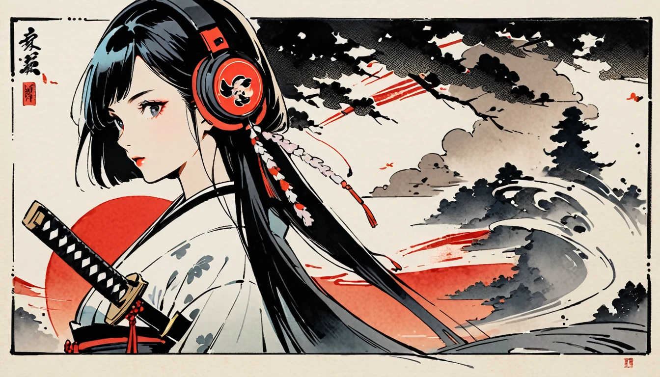 Ink Painting, (((1 girl))), (((samurai))), (((Japanese sword))), Japanese style headphones, beautiful girl, Black Hair, Delicate and precise, Modern ukiyo-e style, vivid color