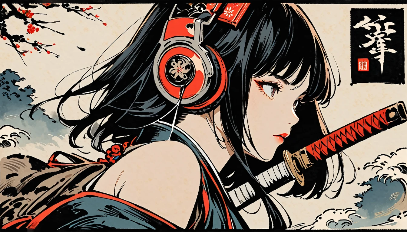 Ink Painting, (((1 girl))), (((samurai))), (((Japanese sword))), Japanese style headphones, beautiful girl, Black Hair, Delicate and precise, Modern ukiyo-e style, vivid color