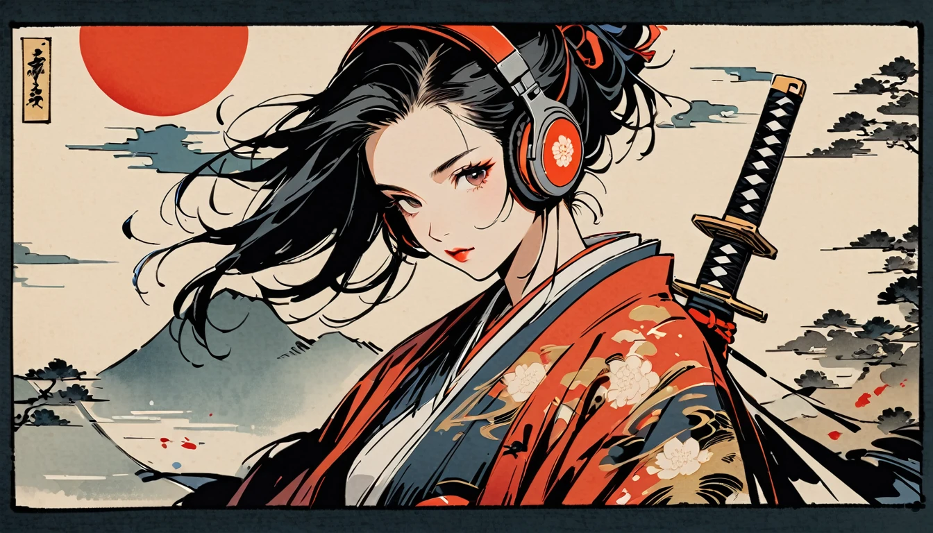 Ink Painting, (((1 girl))), (((samurai))), (((Japanese sword))), Japanese style headphones, beautiful girl, Black Hair, Delicate and precise, Modern ukiyo-e style, vivid color