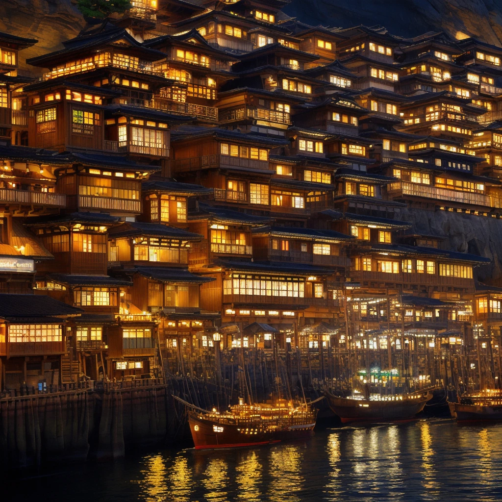 High resolution, Japanese-style streetscape, steep cliff, wooden scaffolding on which Japanese-style buildings are built into the rock face, Japanese-style buildings embedded into the side of the cliff, smoke rising from the chimneys of the frontier, gorgeous, huge Japanese-style buildings are trading posts at the port, a large ship in the sea on the right, the decorations of the ship are flashy, many boats in the distant sea, grand, fantasy, realistic, lanterns, lights coming from the shoji screens, vibrant ancient city, Japanese-style, many overlapping tile roofs, unstable Japanese-style architecture, unstable terrain, port town, sailing ship



