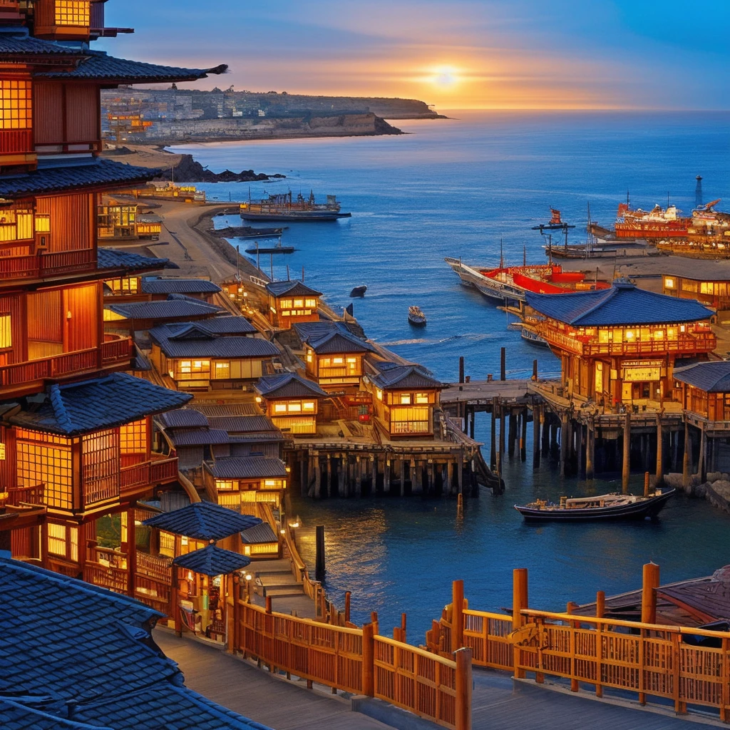 High resolution, Japanese-style streetscape, steep cliff, wooden scaffolding on which Japanese-style buildings are built into the rock face, Japanese-style buildings embedded into the side of the cliff, smoke rising from the chimneys of the frontier, gorgeous, huge Japanese-style buildings are trading posts at the port, a large ship in the sea on the right, the decorations of the ship are flashy, many boats in the distant sea, grand, fantasy, realistic, lanterns, lights coming from the shoji screens, vibrant ancient city, Japanese-style, many overlapping tile roofs, unstable Japanese-style architecture, unstable terrain, port town, sailing ship