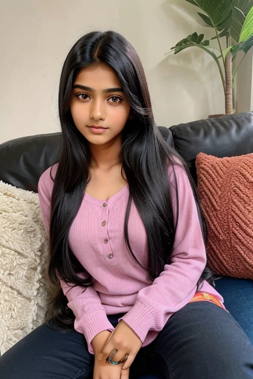 beautiful cute young attractive indian teenage girl, village girl, 16 years old, cute, Instagram model, long black_hair, colorful hair, warm, dacing, in home sit at sofa, indian