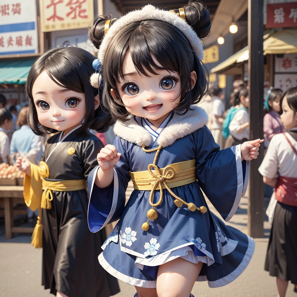 Cute  chibi anime, blue and black hanfu, walking in the market, smiling, many people