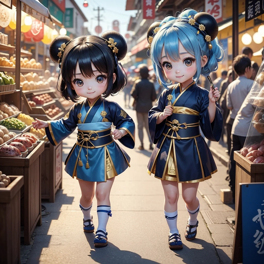 Cute baby chibi anime, blue and black hanfu, walking in the market, smiling, many people