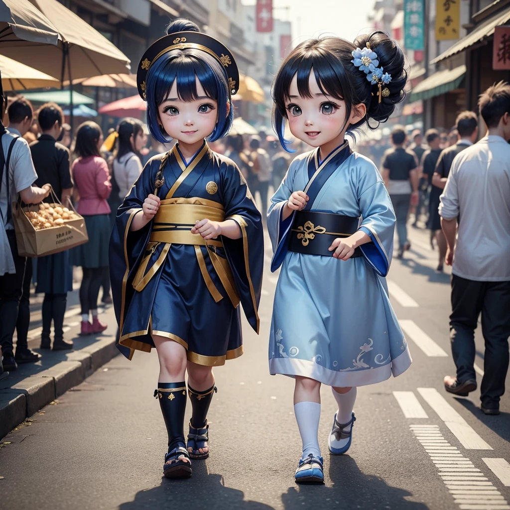 Cute baby chibi anime, blue and black hanfu, walking in the market, smiling, many people