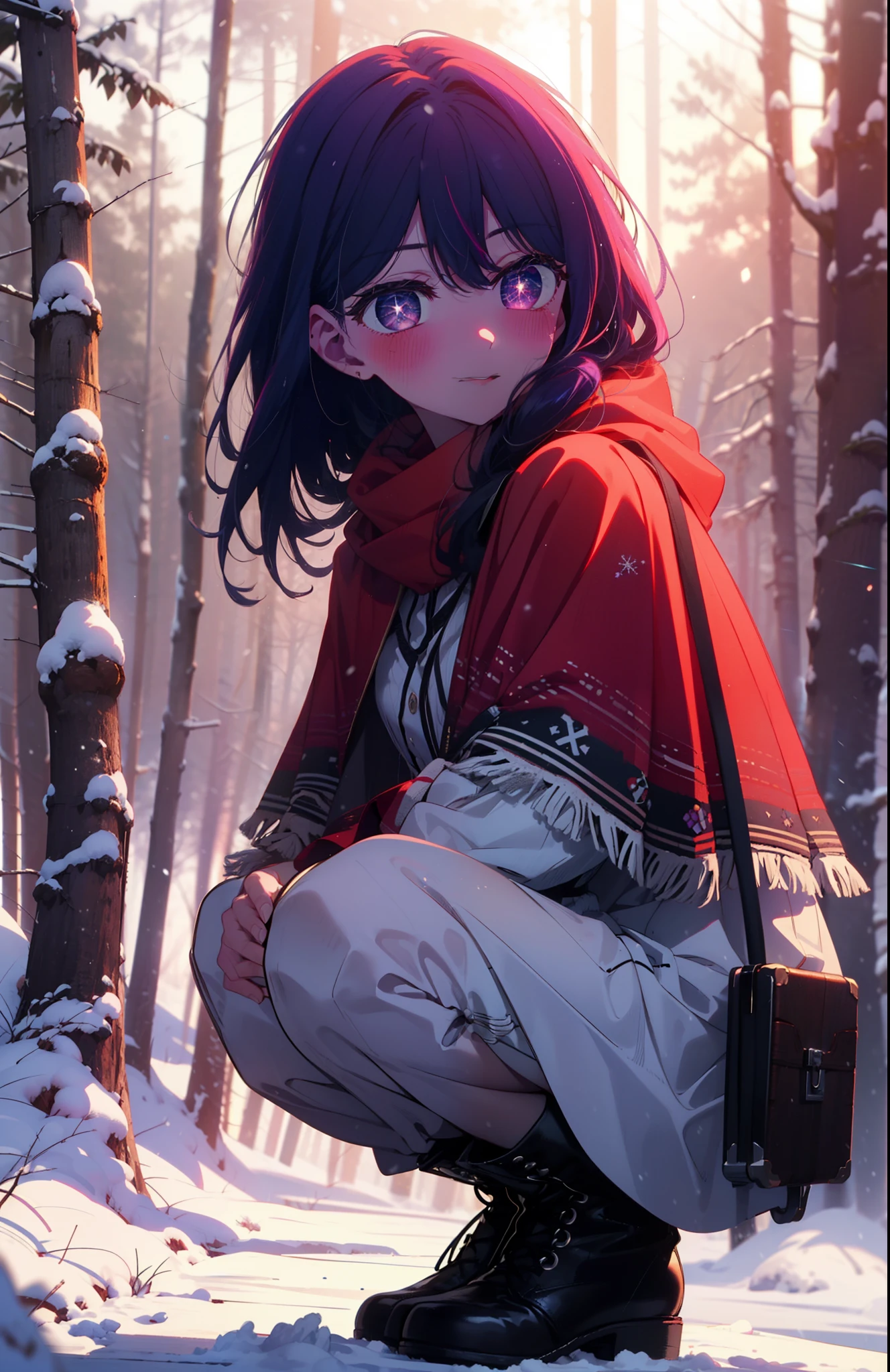 aihoshino, Ai Hoshino, Long Hair, bangs, (Purple eyes:1.1), Purple Hair, (Symbol-shaped pupil:1.5), smile,,smile,blush,white breath,
Open your mouth,snow,Ground bonfire, Outdoor, boots, snowing, From the side, wood, suitcase, Cape, Blurred, , forest, White handbag, nature,  Squat, Mouth closed, Cape, winter, Written boundary depth, Black shoes, red Cape break looking at viewer, Upper Body, whole body, break Outdoor, forest, nature, break (masterpiece:1.2), Highest quality, High resolution, unity 8k wallpaper, (shape:0.8), (Beautiful and beautiful eyes:1.6), Highly detailed face, Perfect lighting, Highly detailed CG, (Perfect hands, Perfect Anatomy),
