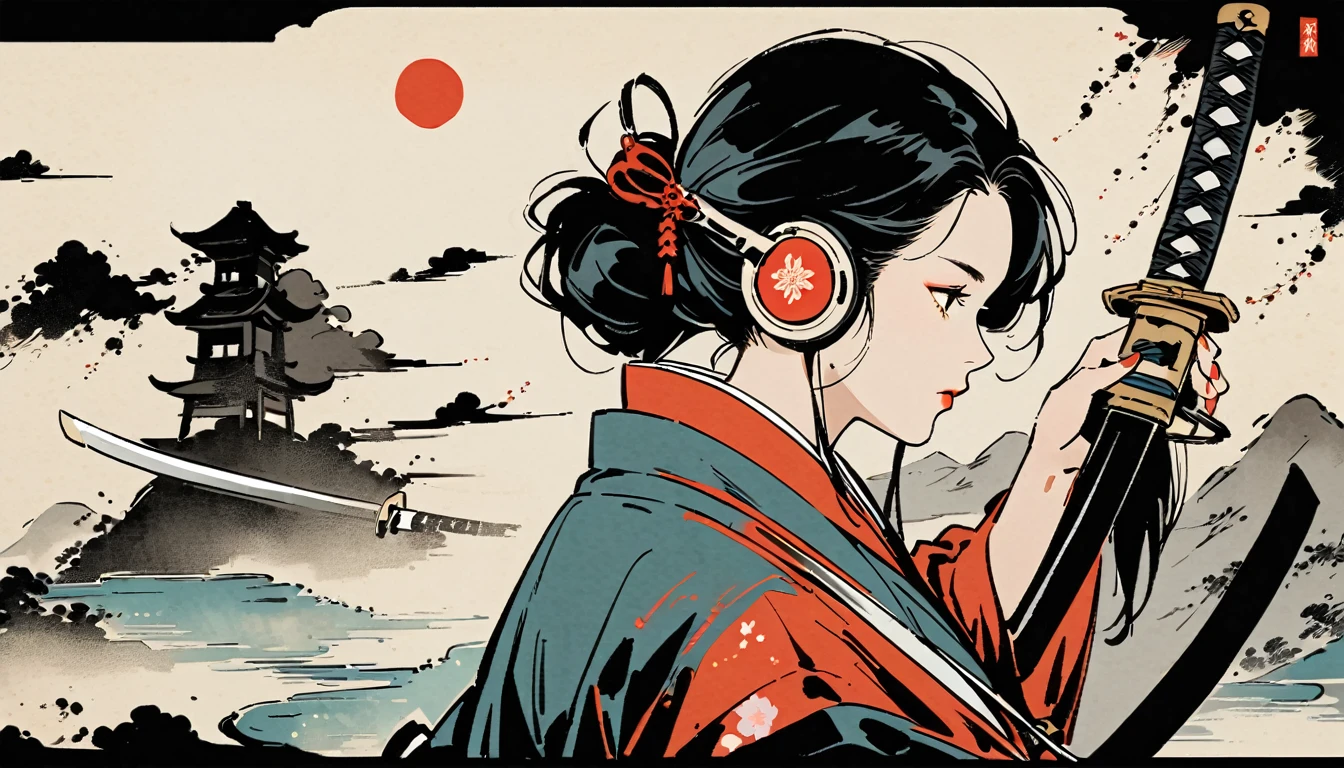 Ink Painting, (((1 girl))), (((samurai))), (((Japanese sword))), (((Swordsman))), Japanese style headphones, beautiful girl, Black Hair, Delicate and precise, Modern ukiyo-e style, vivid color