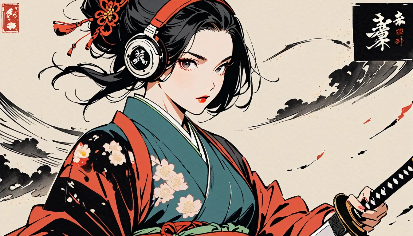Ink Painting, (((1 girl))), (((samurai))), (((Japanese sword))), (((Swordsman))), Japanese style headphones, beautiful girl, Black Hair, Delicate and precise, Modern ukiyo-e style, vivid color