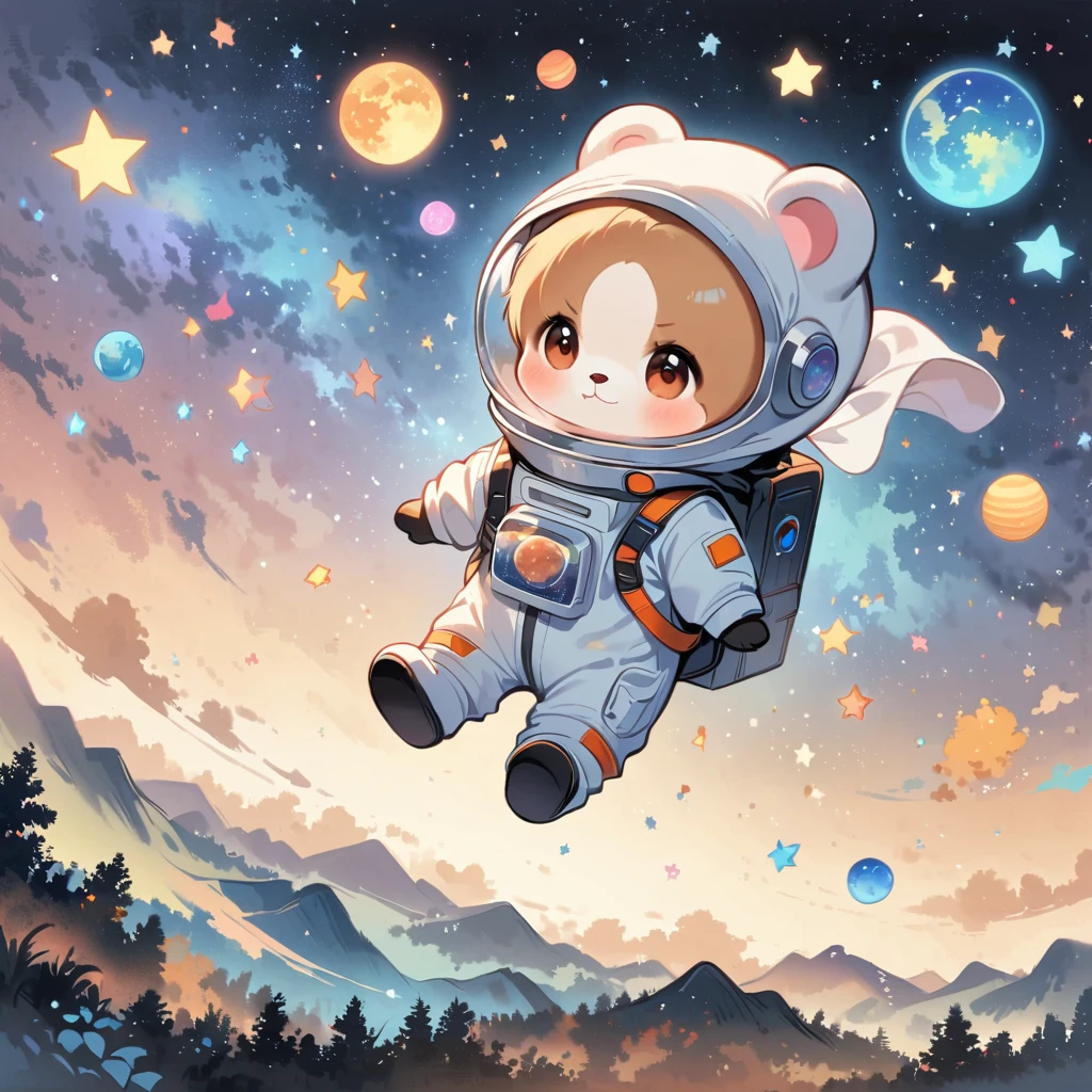 Bear in spacesuit floating in space, surrounded by the Milky Way, the universe , cutely. เล่น
