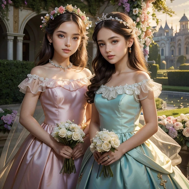 (masterpiece, best quality:1.5), highest quality, High resolution, super detailed, Realists, Upper body photo of a brunette young flower girl, detailed and beautiful eyes, beautiful detailed lips, very detailed eyes and face, longeyelashes, Young girl in short flower girl dress made of shiny satin fabric, Beautiful and colorful makeup, elegant and noble々Pose,shiny satin headband, grind, Holding flowers, Gardens as background, soft daylight, bright colors, fine brushstrokes, Portrait style, Noble details in the dress fabric, beautiful color palette, glowing skin, First-class rendering, that captures every detail, enchanting atmosphere, subtle shadows and lights, (perfect anatomy:1.2), (The two stunning flower girls scatter rose petals. (magnificent panorama view:1.2)