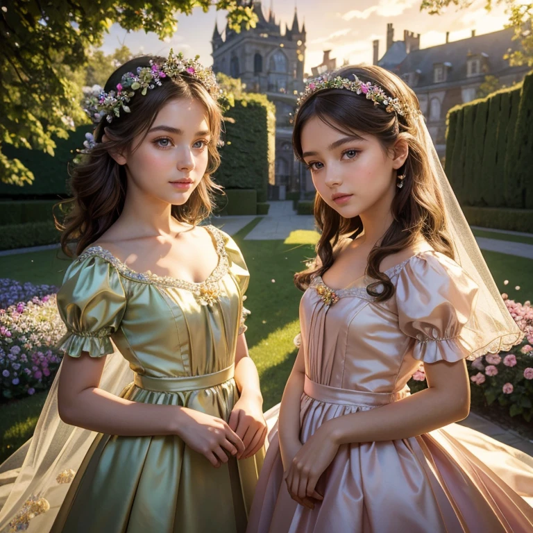 (​masterpiece, best quality:1.5), highest quality, High resolution, super detailed, Realists, Upper body photo of a brunette young flower girl, detailed and beautiful eyes, beautiful detailed lips, very detailed eyes and face, longeyelashes, Young girl in short flower girl dress made of shiny satin fabric, Beautiful and colorful makeup, elegant and noble々Pose,shiny satin headband, grind, Holding flowers, Gardens as background, soft daylight, bright colors, fine brushstrokes, Portrait style, Noble details in the dress fabric, beautiful color palette, glowing skin, First-class rendering, that captures every detail, enchanting atmosphere, subtle shadows and lights, (perfect anatomy:1.2), (The two stunning flower girls scatter rose petals. (magnificent panorama view:1.2)