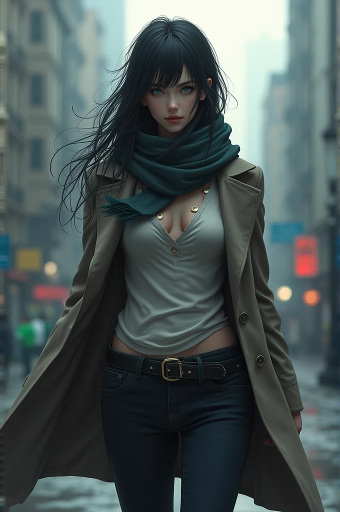 detailed, (masterpiece), very_aesthetic, (absurdres), pale_skin, (solo:1.2), (female), glowing_eyes, outdoors, pants, long_hair, navel, scarf, open_coat, closed_mouth, collarbone, open_clothes, city