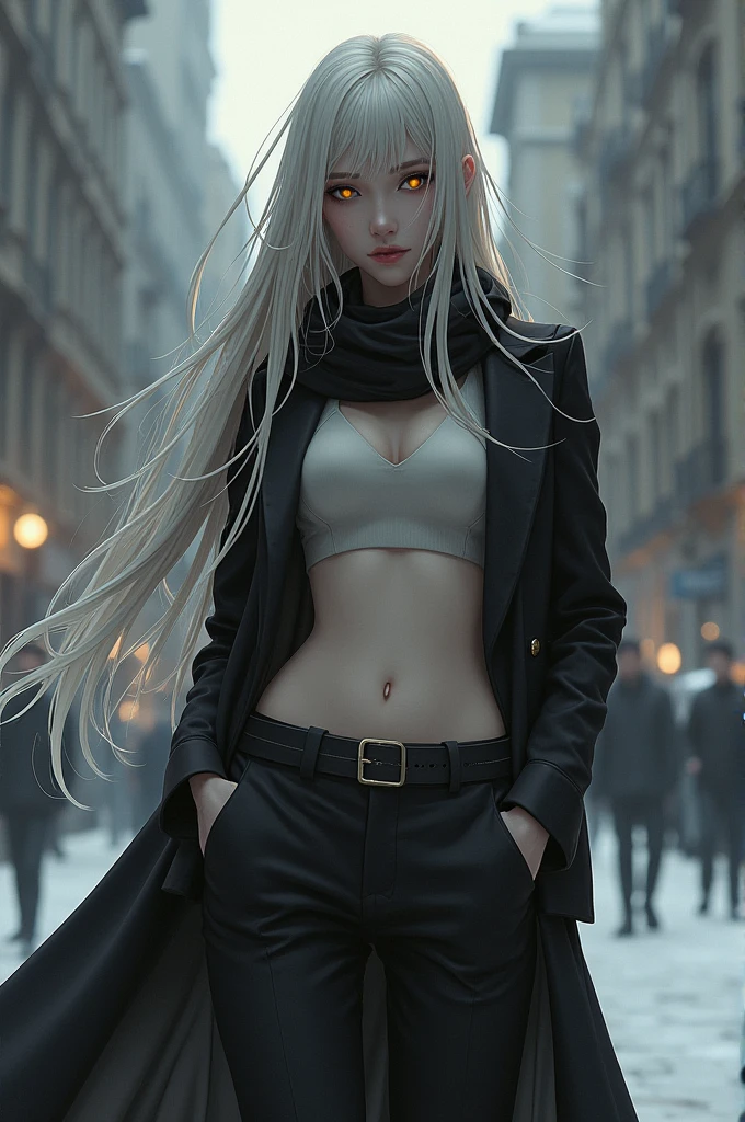 detailed, (masterpiece), very_aesthetic, (absurdres), pale_skin, (solo:1.2), (female), glowing_eyes, outdoors, pants, long_hair, navel, scarf, open_coat, closed_mouth, collarbone, open_clothes, city