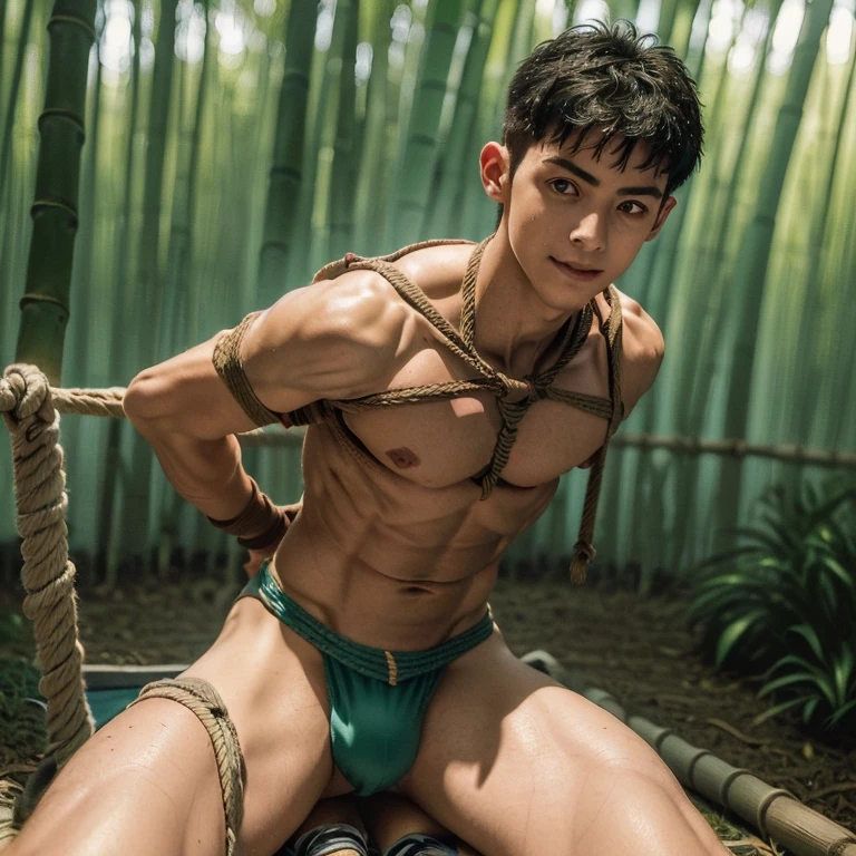  (((19 year old boy, skinny, lean, twink))), (((wearing gym speedos)))  kneeling, ((((Trussed up completely with rope)))), ((((very tight rope crossed over chest)))), (((very tight ropes crossed over   abs))). (((body in tight shibari ropes))) sweating, wet skin, smiling, in a dense bamboo forest, ((leaning against the bamboo)))
