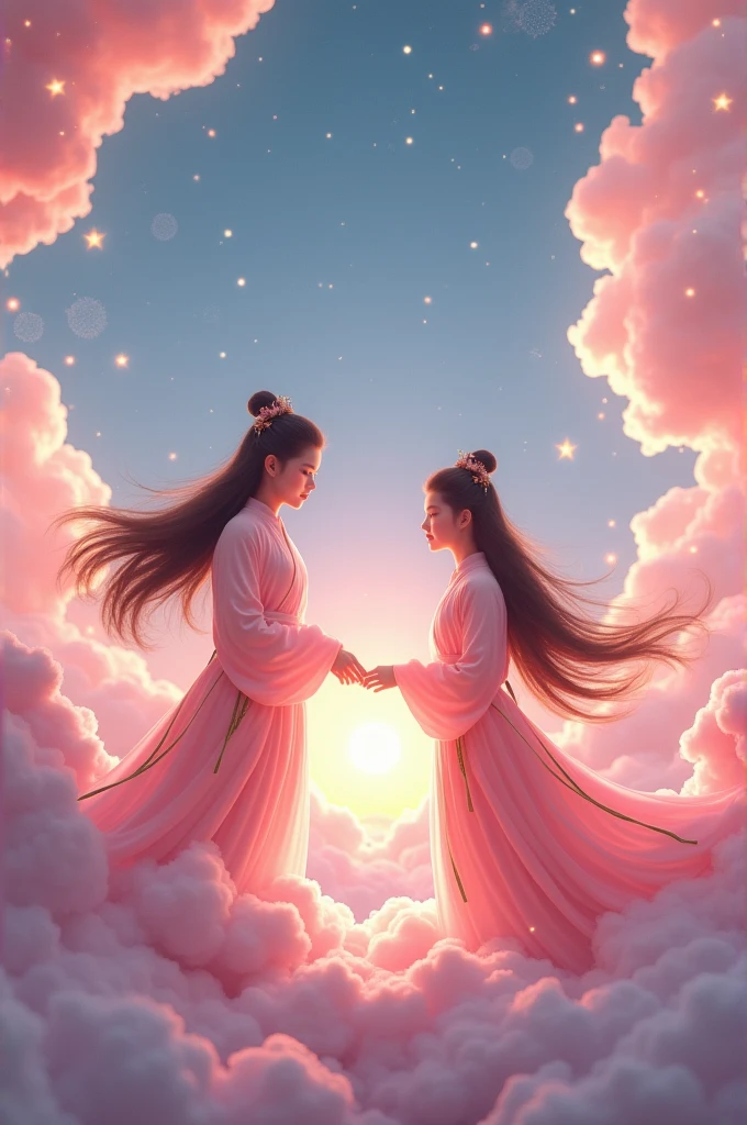  3D Universe，The Cowherd and the Weaver Girl stand on a magpie bridge made of soft pink clouds，Marshmallow-like clouds，The edge of the magpie bridge is hung with strings of glimmering dewdrops.。The stars around are round and full，A ball of light woven from soft threads of light，Exudes a soft and warm glow。Flowing hair，Wearing ancient Chinese traditional costumes，Silk texture。