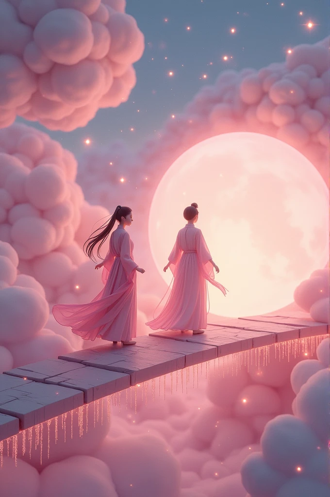  3D Universe，The Cowherd and the Weaver Girl stand on a magpie bridge made of soft pink clouds，Marshmallow-like clouds，The edge of the magpie bridge is hung with strings of glimmering dewdrops.。The stars around are round and full，A ball of light woven from soft threads of light，Exudes a soft and warm glow。Flowing hair，Wearing ancient Chinese traditional costumes，Silk texture。