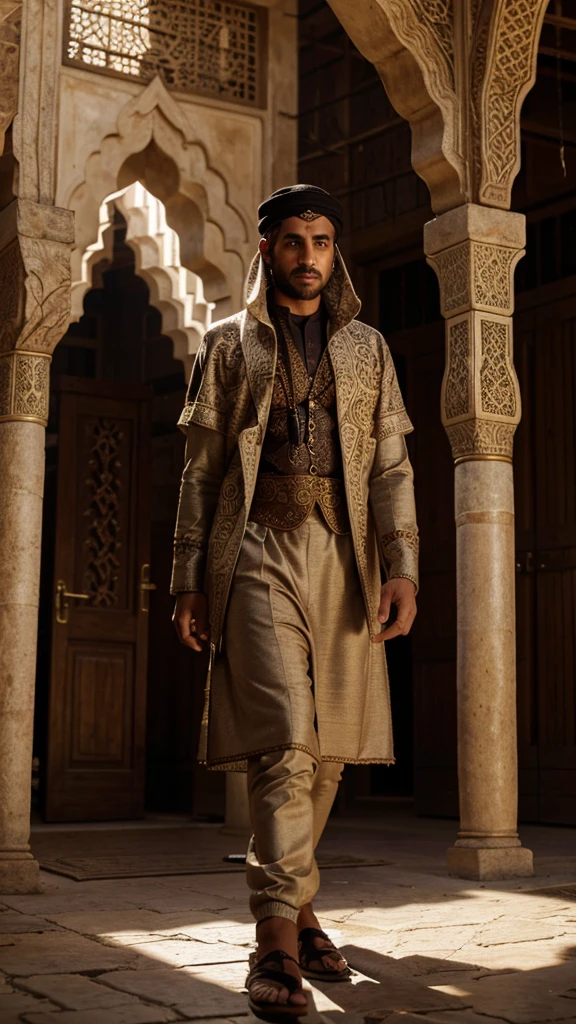 a muslim man performing animal sacrifice,detailed animal anatomy, traditional islamic clothing,outdoor village setting,warm lighting,ornate arabic architecture,detailed textures,dramatic shadows,muted color palette