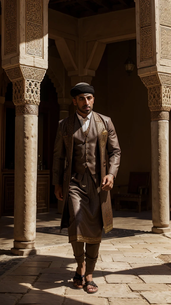 a muslim man performing animal sacrifice,detailed animal anatomy, traditional islamic clothing,outdoor village setting,warm lighting,ornate arabic architecture,detailed textures,dramatic shadows,muted color palette