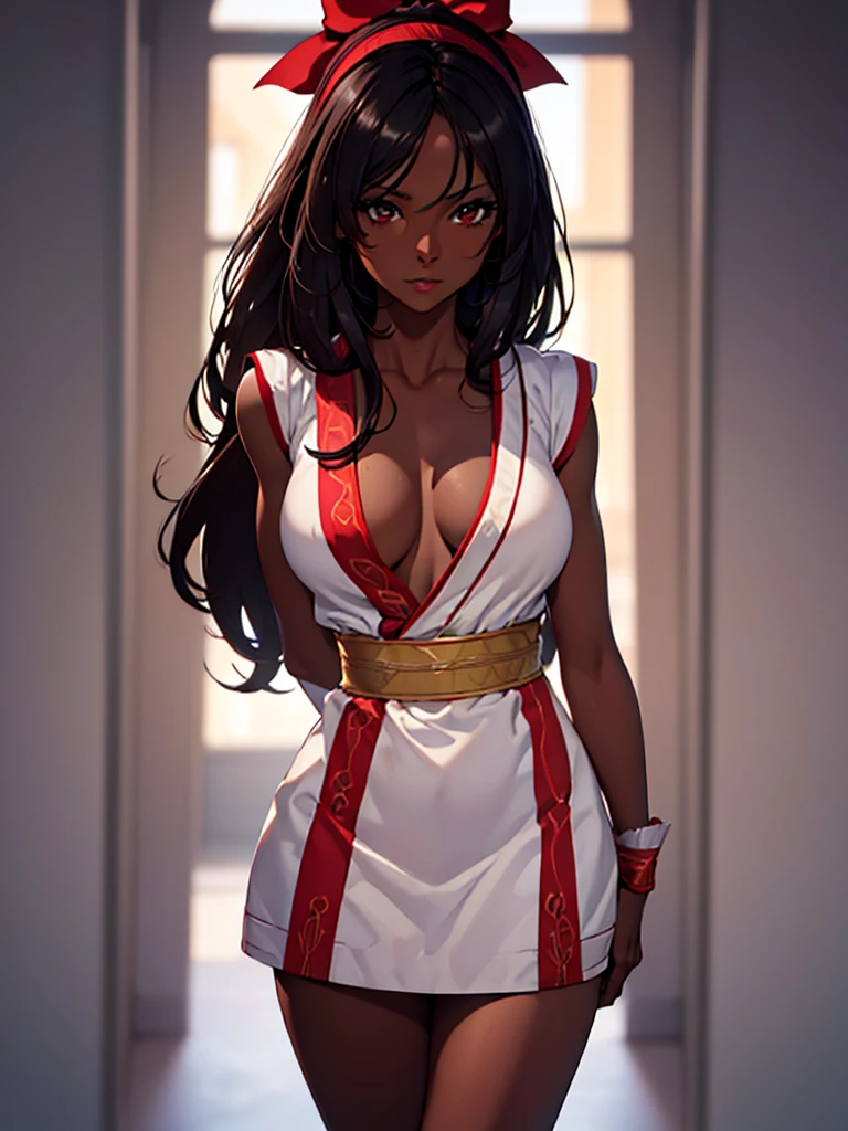 (masterpiece, top-quality, hight resolution, Unity 8k, extremely details CG:1,Best Picture), Seductive women. Lascivious poses and facial expressions. Emphasis on sexual attractiveness, nsfw, ((dark skin)), solo, 1girl, (small breasts, red ribbon, hair band)