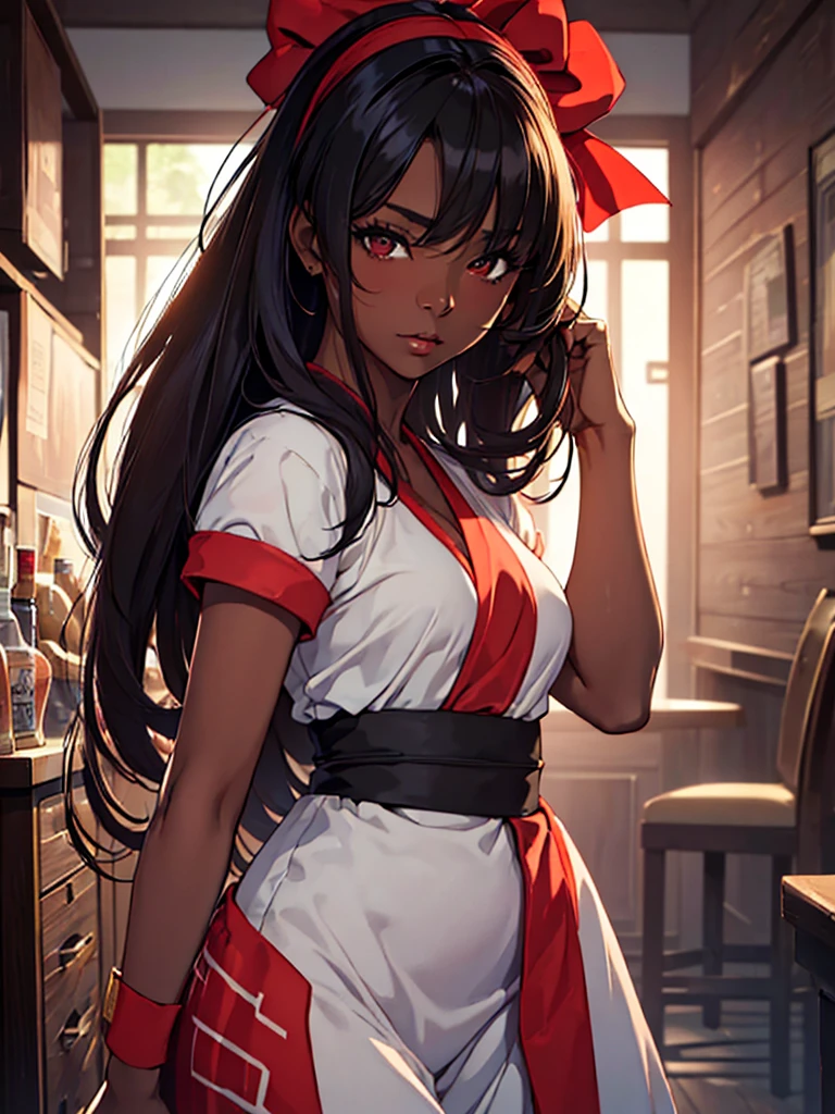 (masterpiece, top-quality, hight resolution, Unity 8k, extremely details CG:1,Best Picture), Seductive women. Lascivious poses and facial expressions. Emphasis on sexual attractiveness, nsfw, ((dark skin)), solo, 1girl, (small breasts, red ribbon, hair band)