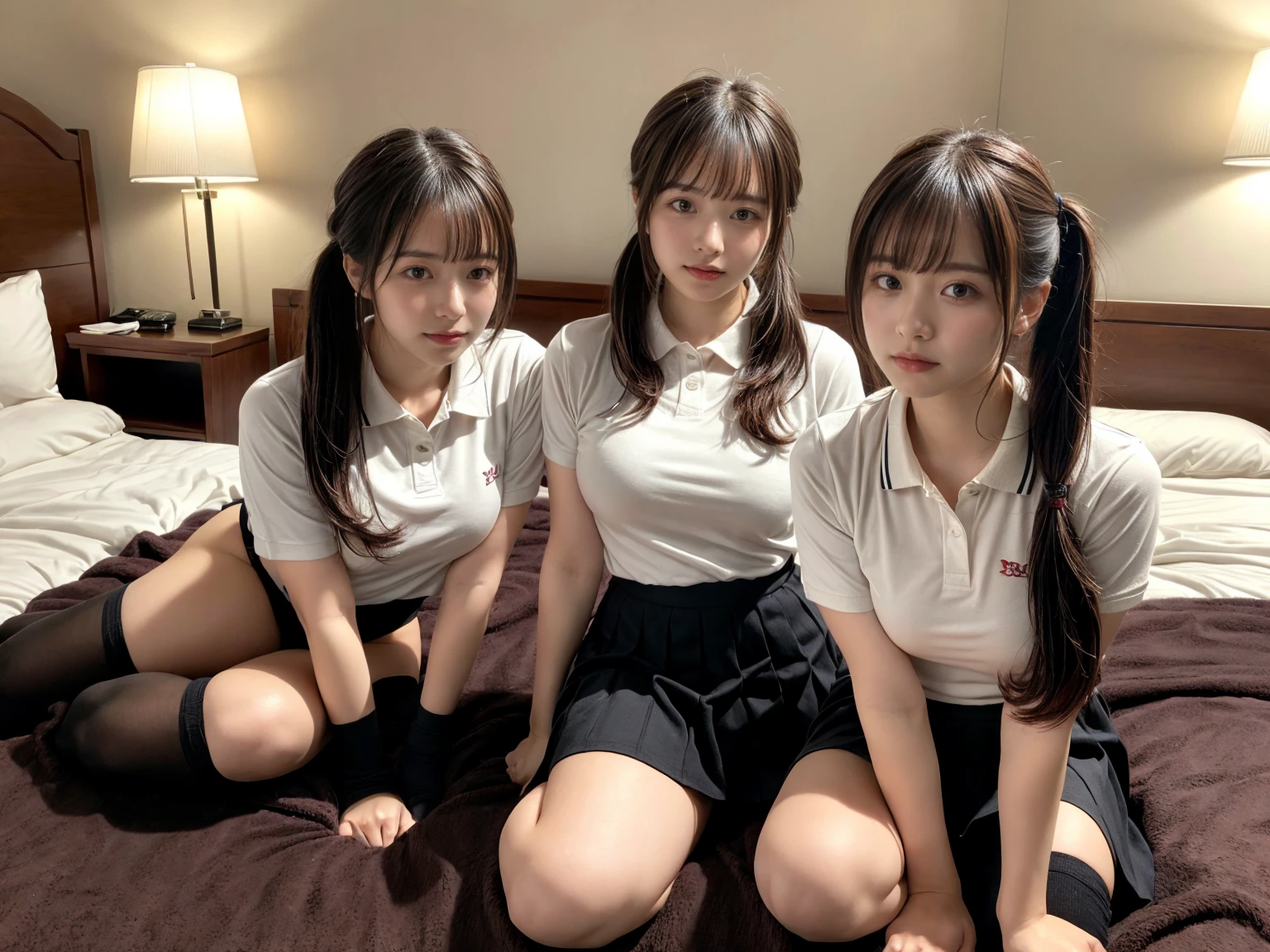masterpiece, best quality, illustration, Super detailed, fine details, High resolution, 8K,wall paper, perfect dynamic composition,(Details High quality, realistic depiction of eyes:1.3), (3 girls), (collared polo shirt), pleated skirt, knee high socks, twin tails, lying down, in a hotel room in the background, deep on field, large breasts, black hair color, Big Natural Color Lip, (perfect body shape), crying a little、Harajuku style、20 year old girl、cute type、beautiful legs, Gravure Idol