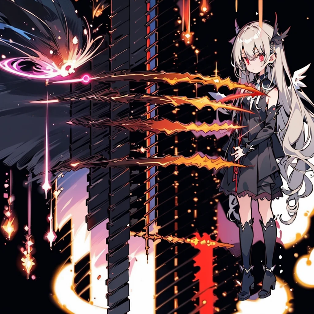 1girl,(((Highest quality、Masterpiece、Official Art、Dynamic composition、Super detailed、Fine Lines、Perfect Anatomy)))、Silver Hair, Twin Drill, abyss, Big black wings, A jet black sword in one hand, Countless swords wrapped around his body, Sharp Eyes, A red light flashes in his eyes, The corners of the mouth are raised, Spread your arms, Blue Flame, In solitude