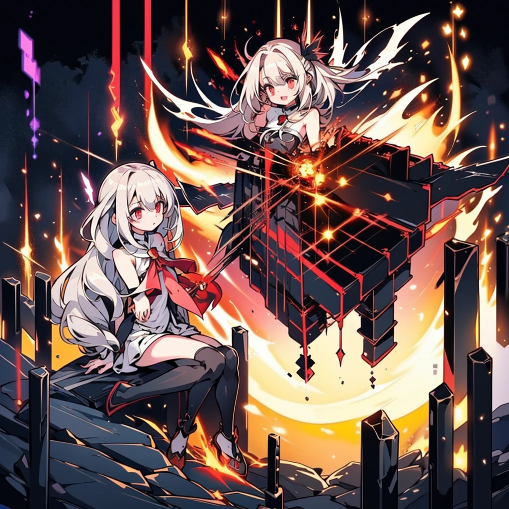 1girl,(((Highest quality、Masterpiece、Official Art、Dynamic composition、Super detailed、Fine Lines、Perfect Anatomy)))、Silver Hair, Twin Drill, abyss, Big black wings, A jet black sword in one hand, Countless swords wrapped around his body, Sharp Eyes, A red light flashes in his eyes, The corners of the mouth are raised, Spread your arms, Blue Flame, In solitude