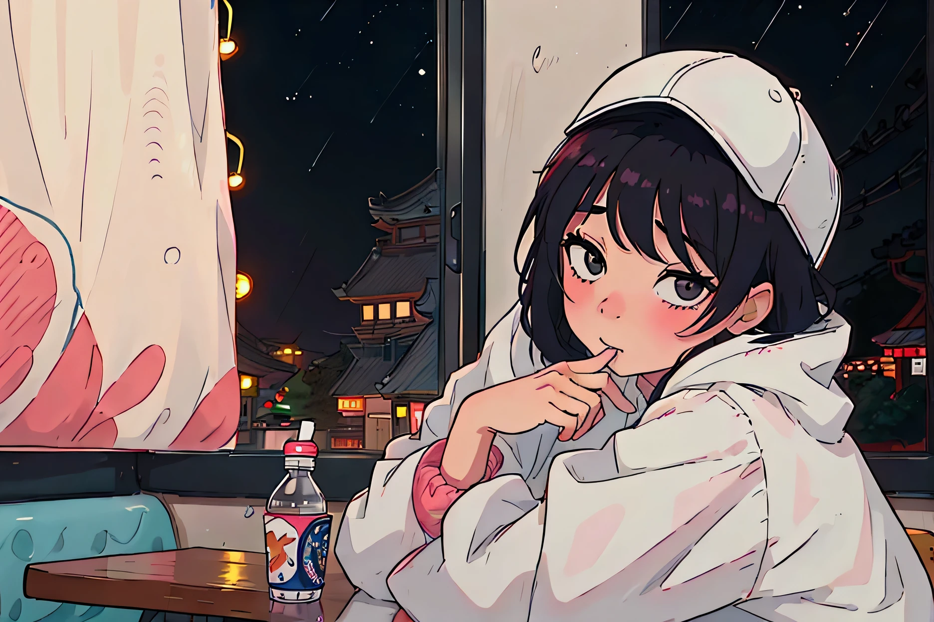 Create a scene of a shy 16-year-old girl drinking juice at a fast food restaurant,A lonely look,citypop, Short black hair,Wearing a baseball cap , and through the window you can see fireflies and a beautiful landscape full of stars 夜に, Characters with detailed faces, hands and hair,Illustration Style、Ukiyo-e、((girl))、Tokyo、Soft Touch、((Modern))、winter、High resolution, samba, Latina,Rainy night,Tokyo、CUTE