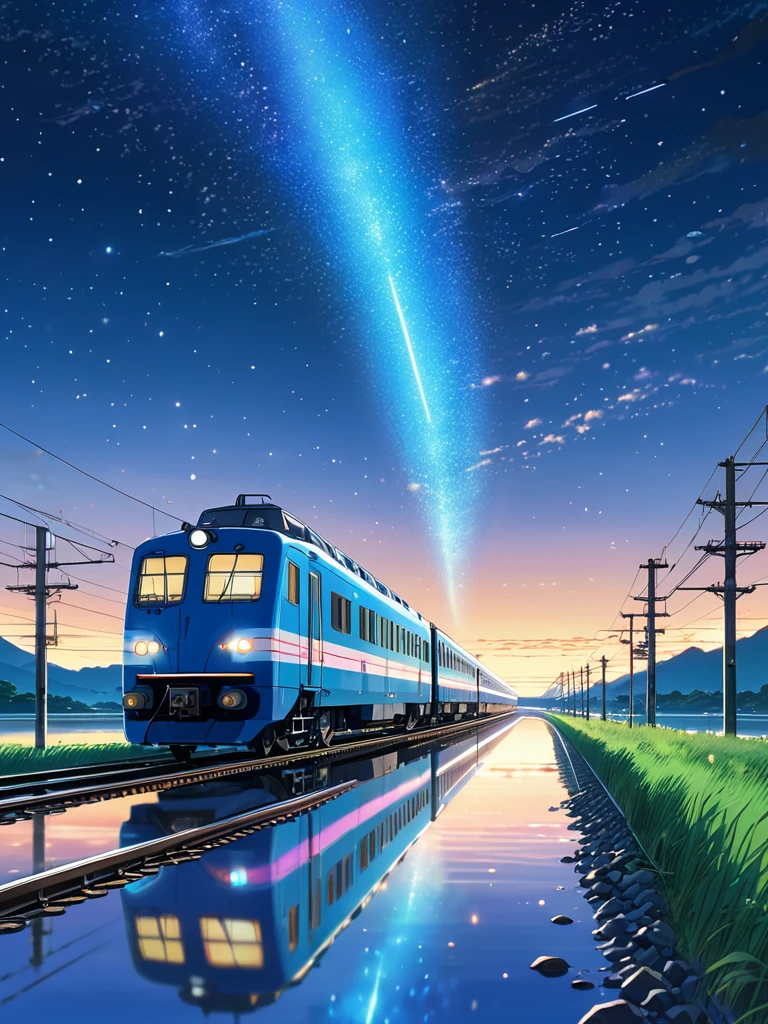 Masterpiece, Anime train passing through bodies of water on tracks, Bright starry sky. Romantic train, Makoto Shinkai's picture, Pisif, concept-art, Lofi art style, Reflection. By Makoto Shinkai, Lofi art, beautiful anime scenes, Anime landscape, Detailed scenery —width 672, in the style of makoto shinkai, Makoto Shinkai's style, Enhanced detail.