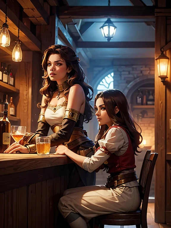 Fantasy style cover, 2 female characters, in the Tavern, a warrior girl and a minstrel girl are sitting next to each other at the bar, Dim lighting