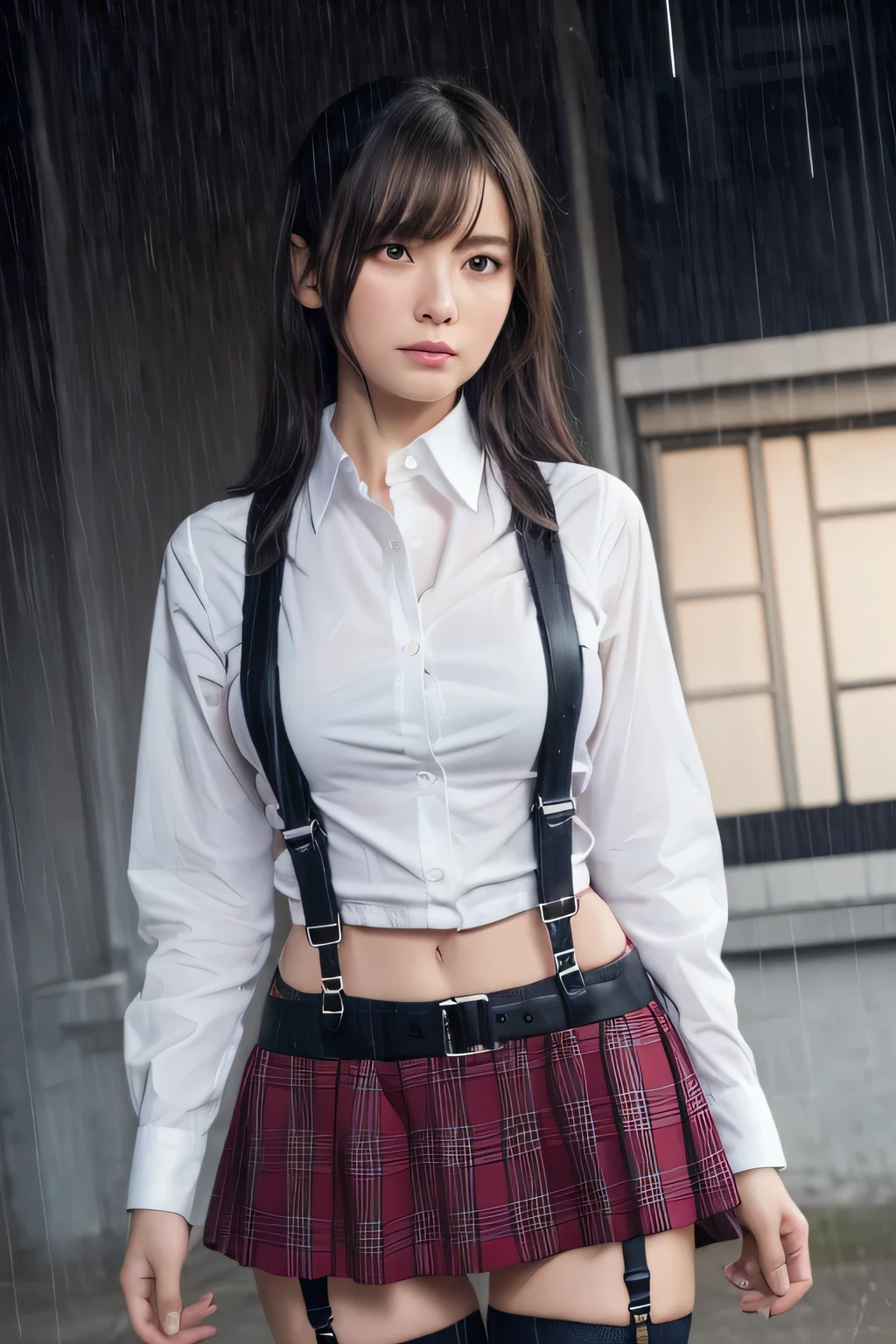 1 female, , high quality, masterpiece, Ultra-high resolution, Cinema Lighting, 1 female, , high quality, masterpiece, Ultra-high resolution, , Cinema Lighting, suspenders Moderate breasts Small face Looking up Sweat Thin belt buzzer 脇Sweat Garter belt Belt on pants holster Hands behind your back Looking up Anxious face Knee-high Knee socks Knee-highソックス garter ふとももにGarter belt Checkered mini skirt Panty shot Skirt gap Armament holster holster Hands behind your back Anxious expression Anxious face, legs apart Armament Leg holster holster See-through clothing heavy rain Rain-soaked dress shirt,