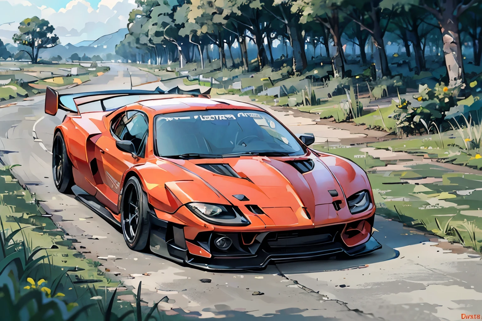 Big red car, Havy car,Big tires, Big engine, parked in jungle, no human in background, trees in background, dirt on land, grass on land, no road, afternoon, blue sky, front view, only one car, 1car, zeekars