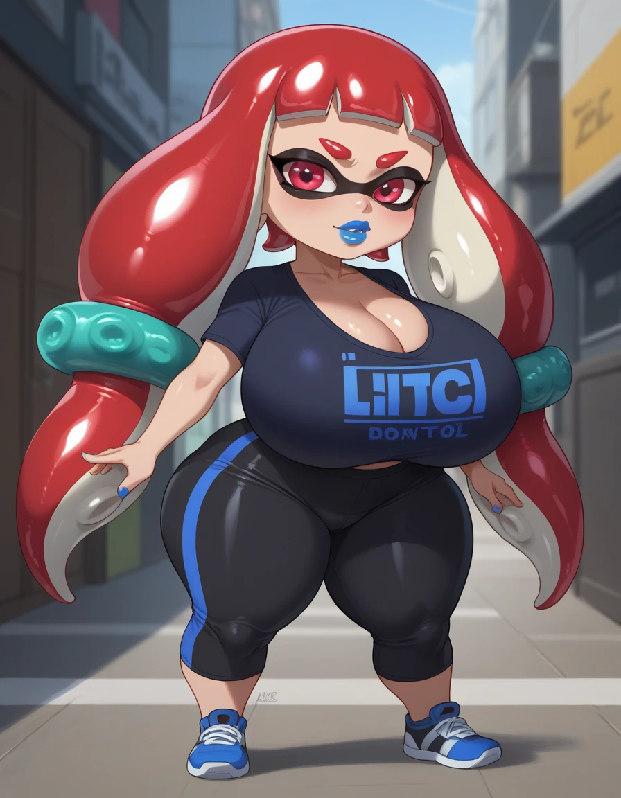 score_9, score_8, inkling (splatoon), female, sweaty body, huge breasts, hyper breasts, shortstack body, cleavage, looking at viewer, dark skinned, huge hips, thicc thighs, huge thighs, standing, full body, 1girl, solo, (masterpiece, best quality, hd, 32k), blue lipstick, huge lips, black hair highlights, tentacle hair